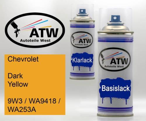 Chevrolet, Dark Yellow, 9W3 / WA9418 / WA253A: 400ml Sprühdose + 400ml Klarlack - Set, von ATW Autoteile West.
